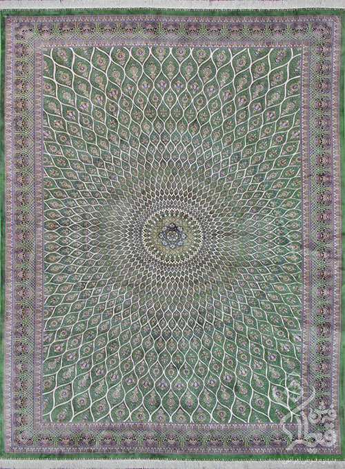 فرش قیطران 1200 شانه کلکسیون ابریشمی طرح خورشید زمینه سبز (برجسته)
