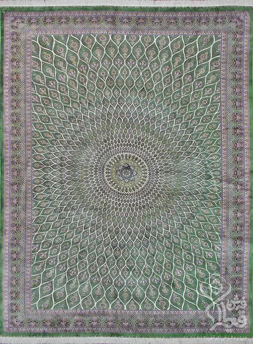 فرش قیطران 1200 شانه کلکسیون ابریشمی طرح خورشید زمینه سبز (برجسته)