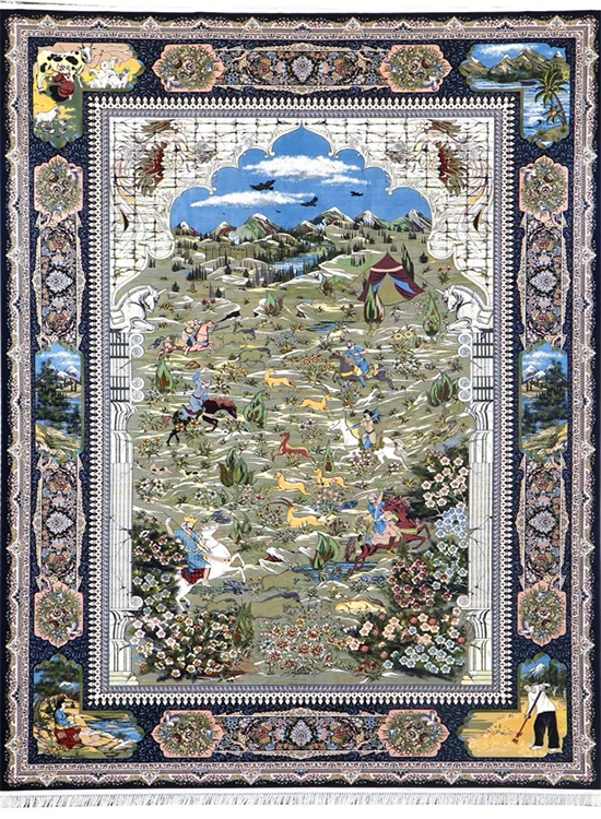  فرش تک ستاره کویر 1200 شانه طرح شکارگاه زمینه سورمه ای (غیربرجسته) 