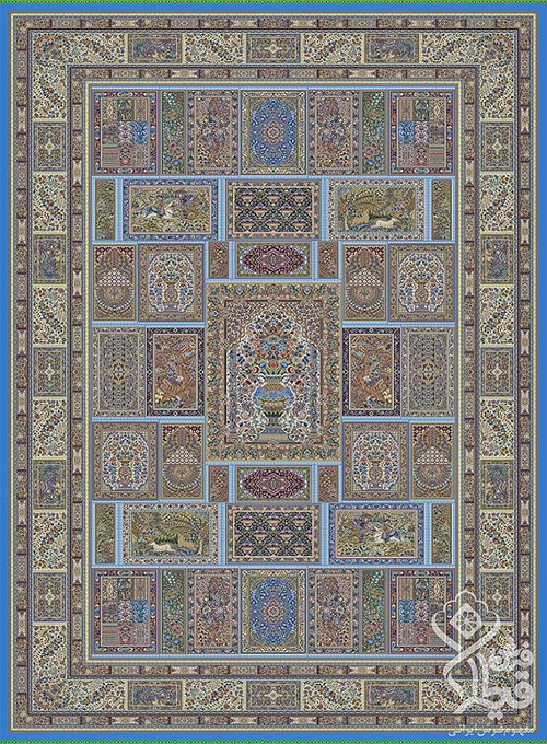 فرش قیطران 1200 شانه کلکسیون ابریشمی طرح اصیلا زمینه آبی روشن (برجسته)