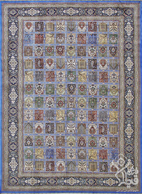 فرش قیطران 1200 شانه کلکسیون ابریشمی طرح توتیا زمینه آبی روشن (برجسته)