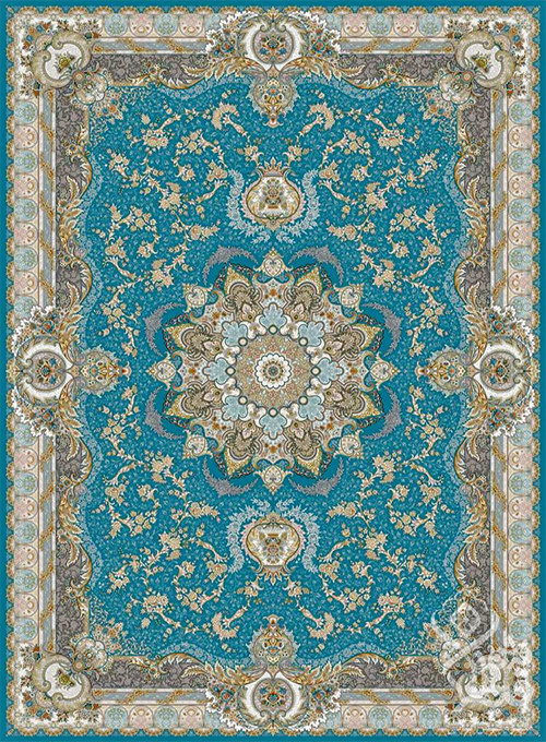 فرش قیطران 1500 شانه طرح آینور زمینه آبی (برجسته)