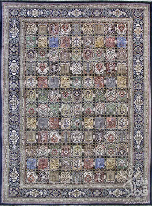 فرش قیطران 1200 شانه کلکسیون ابریشمی طرح توتیا زمینه سورمه ای (برجسته)