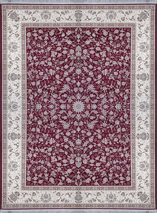 فرش آراد کاشان 1500 شانه طرح سلین زمینه یاقوتی (برجسته)