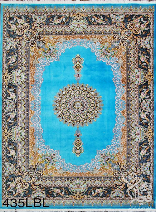 فرش قیطران 1200 شانه کلکسیون ابریشمی طرح آیینه زمینه آبی روشن (برجسته)