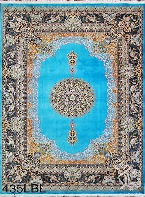فرش قیطران 1200 شانه کلکسیون ابریشمی طرح آیینه زمینه آبی روشن (برجسته)