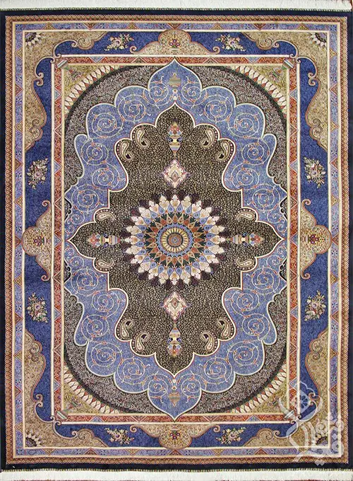 فرش قیطران 1200 شانه کلکسیون ابریشمی طرح پرستو زمینه سورمه ای (برجسته)