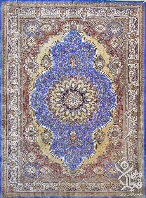 فرش قیطران 1200 شانه کلکسیون ابریشمی طرح آترین زمینه آبی روشن (برجسته)
