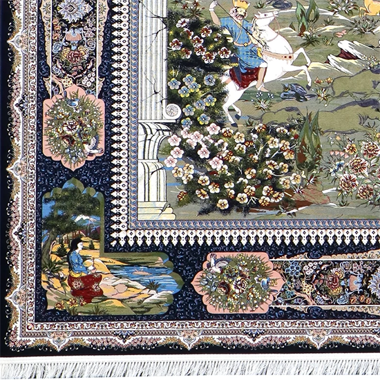  فرش تک ستاره کویر 1200 شانه طرح شکارگاه زمینه سورمه ای (غیربرجسته) 