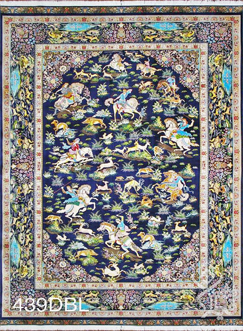 فرش قیطران 1200 شانه کلکسیون ابریشمی طرح شکارگاه شاه عباسی زمینه سورمه ای (برجسته)