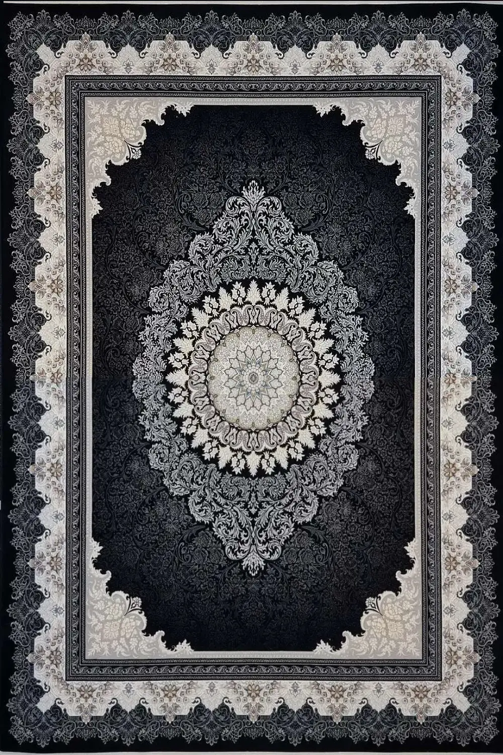 فرش کاشان 700 شانه طرح دلاریس زمینه سورمه ای (غیربرجسته)