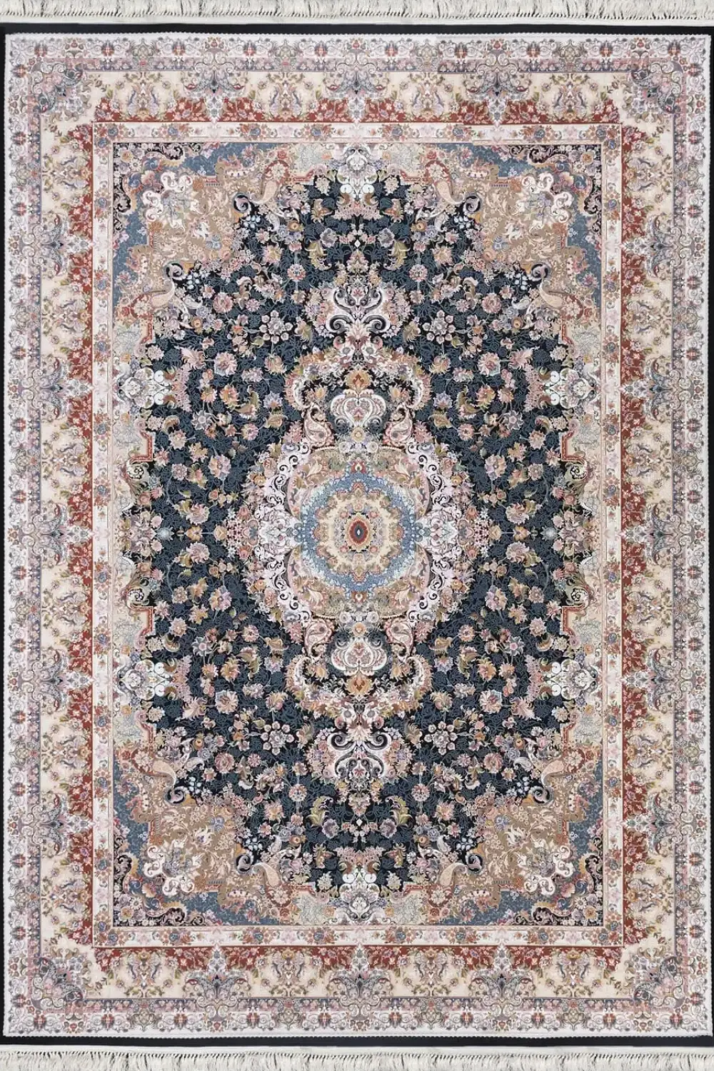 فرش بهشتی 1200 شانه کلکسیون تبریز کد 1441 زمینه سورمه ای (برجسته)