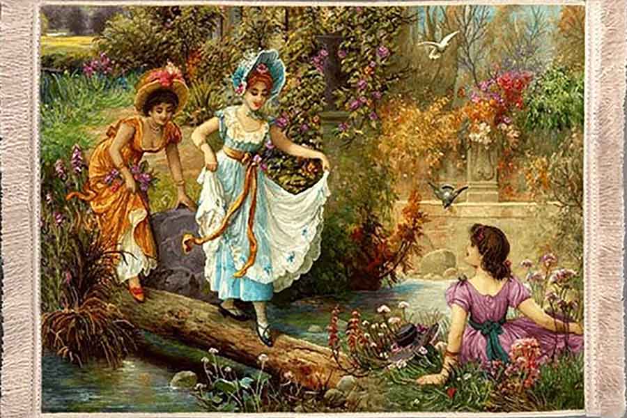 تابلوفرش ماشینی 1200 شانه طرح نقاشی فرانسوی گردش در قصر (3 سایز)