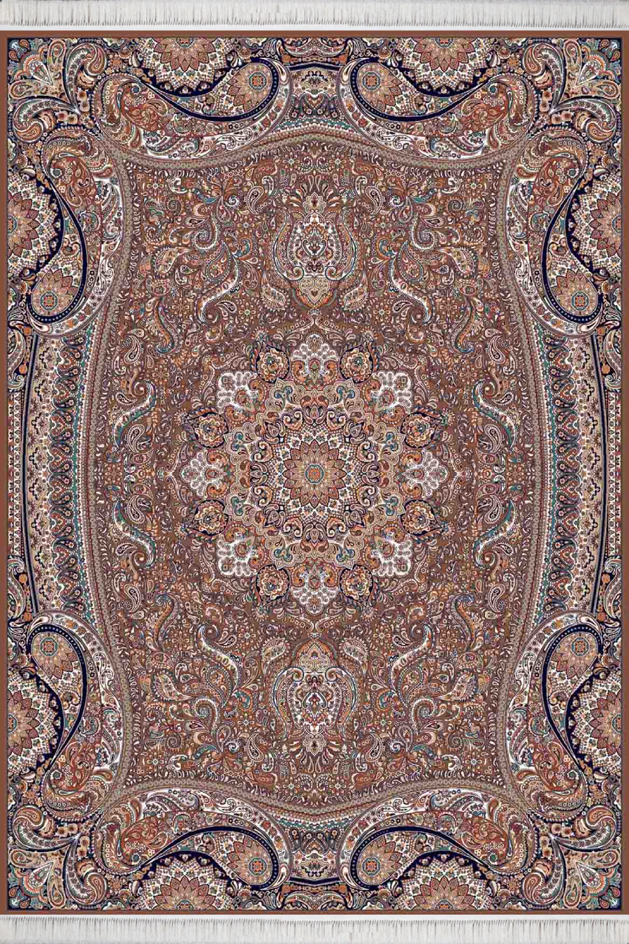 فرش کاشان 500 شانه طرح پارادایس زمینه گردویی (غیربرجسته)