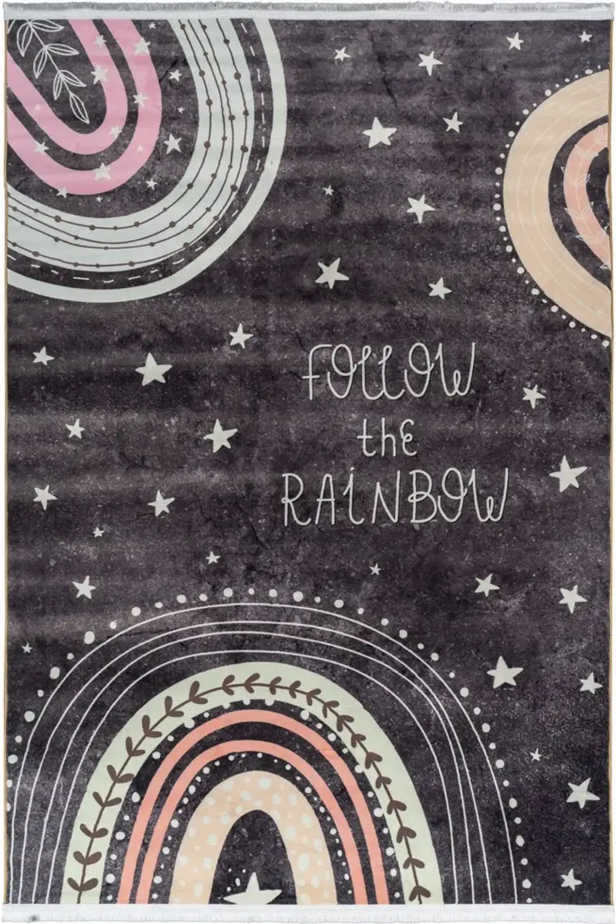 فرش محتشم اتاق کودک طرح رنگین کمان کد 25KM0120 زمینه دودی (غیربرجسته)