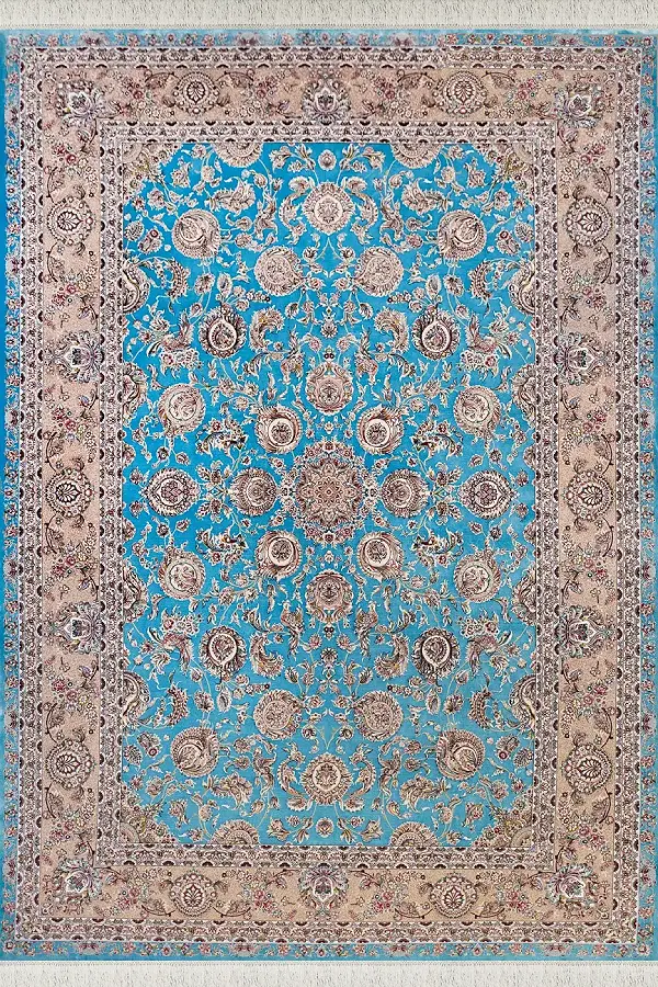 فرش بهشتی تبریز 1500 شانه کلکسیون شاهان کد 1529 زمینه فیروزه ای (برجسته)