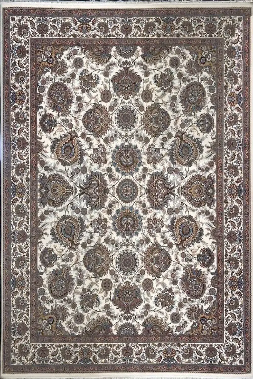 فرش کاشان 700 شانه طرح باغ بهشت زمینه کرم (غیربرجسته)