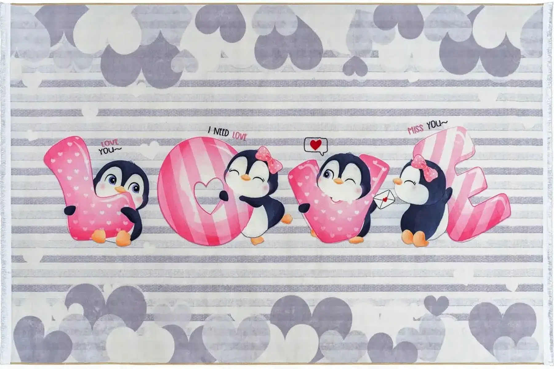 فرش محتشم اتاق کودک طرح پنگوئن های عاشق کد 25km0140 طوسی (غیربرجسته)