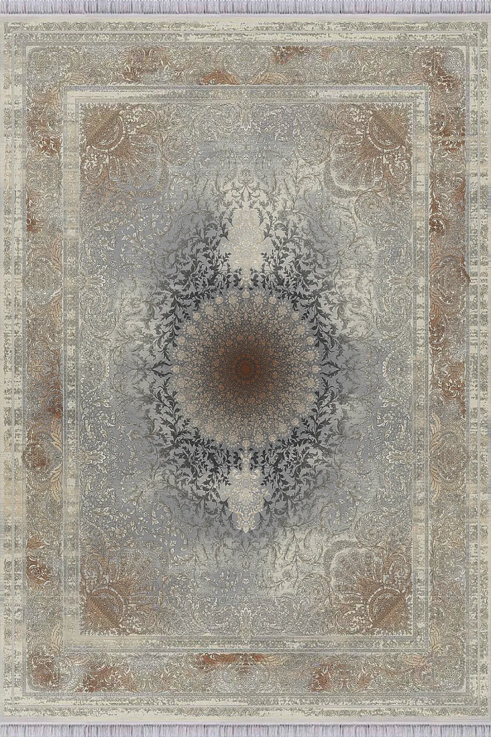 فرش مهدیان 1500 شانه کلکسیون حریر و طلاکوب طرح جورجینا زمینه مسی (برجسته)