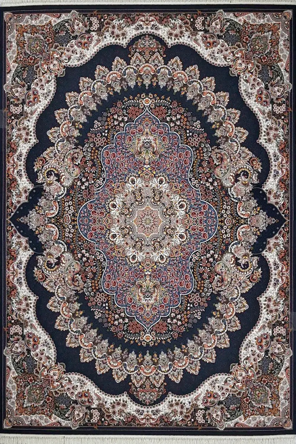 فرش کاشان 700 شانه طرح ارکیده زمینه سورمه ای (غیربرجسته)