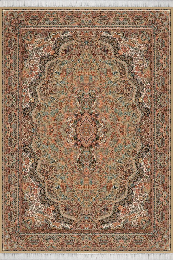 فرش کاشان 700 شانه طرح گلستان زمینه گردویی-سورمه ای (غیربرجسته)