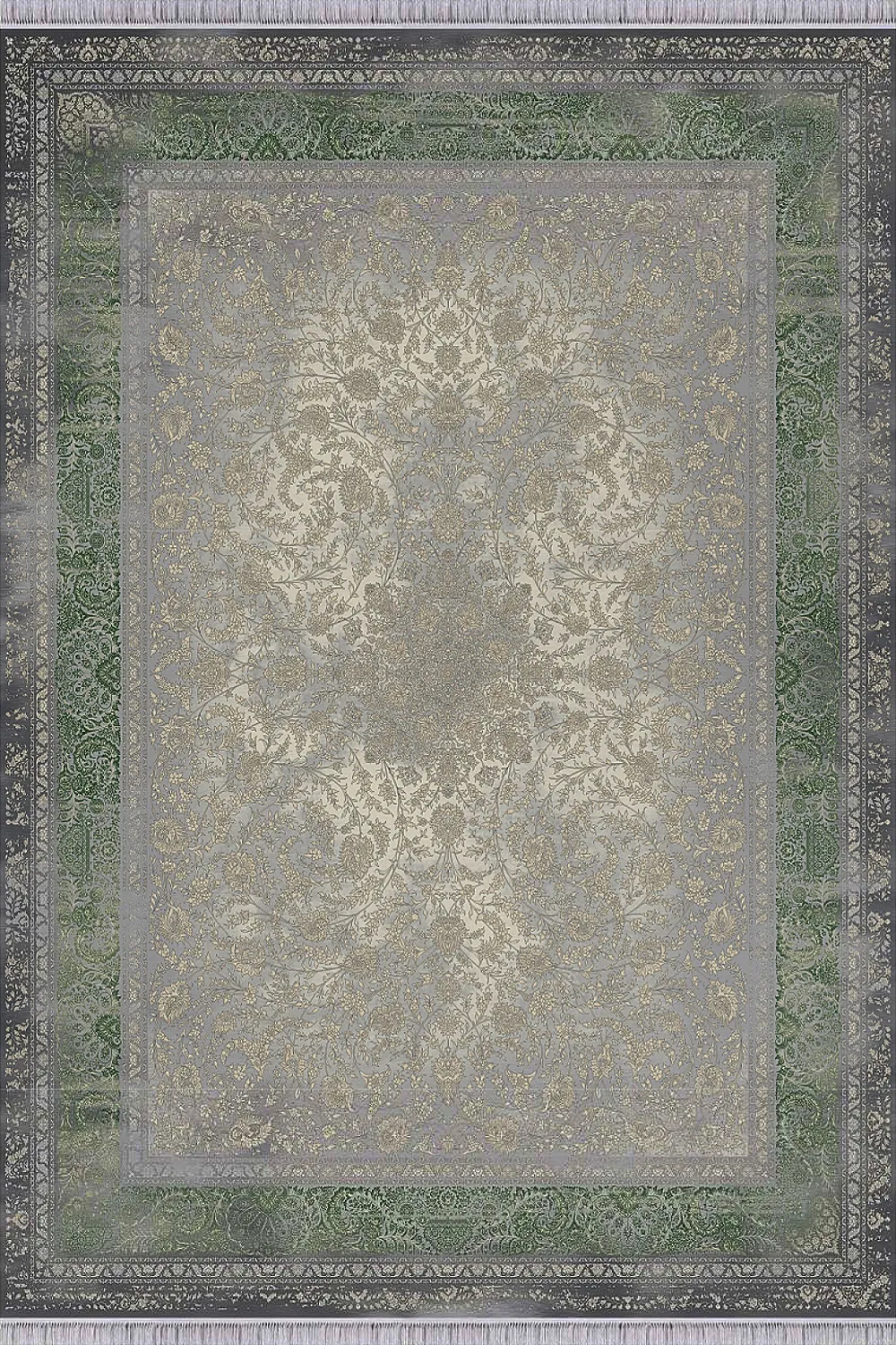 فرش مهدیان 1500 شانه کلکسیون حریر و طلاکوب طرح مهیار زمینه سبز (برجسته)