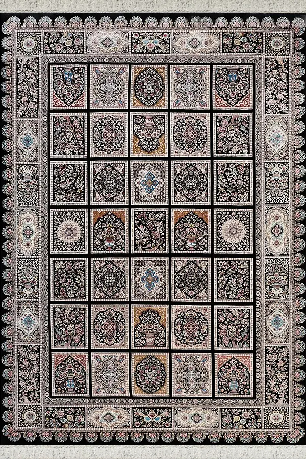 فرش بهشتی تبریز 1500 شانه کلکسیون شاهان کد 1530 زمینه مشکی (برجسته)