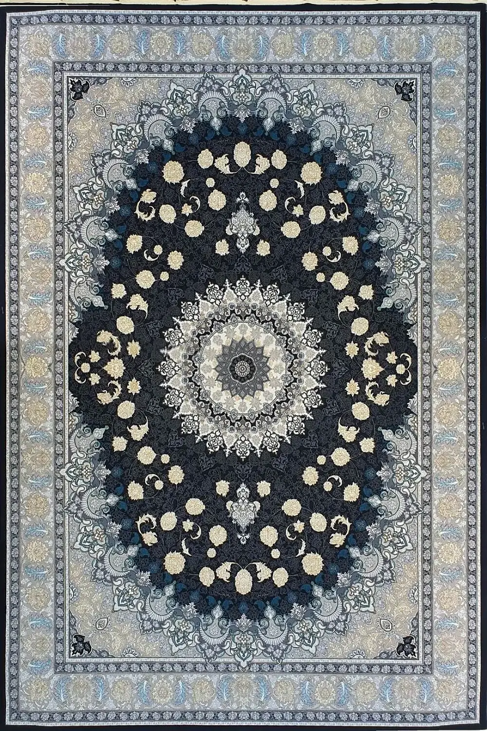 فرش کاشان 700 شانه طرح نایین زمینه دودی (غیربرجسته)