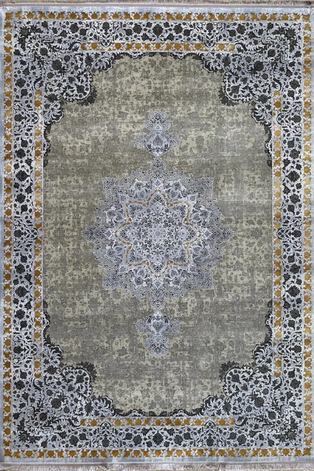 فرش مهدیان 700 شانه کلکسیون دینارسو کد 70052 زمینه دودی-طلایی (برجسته)