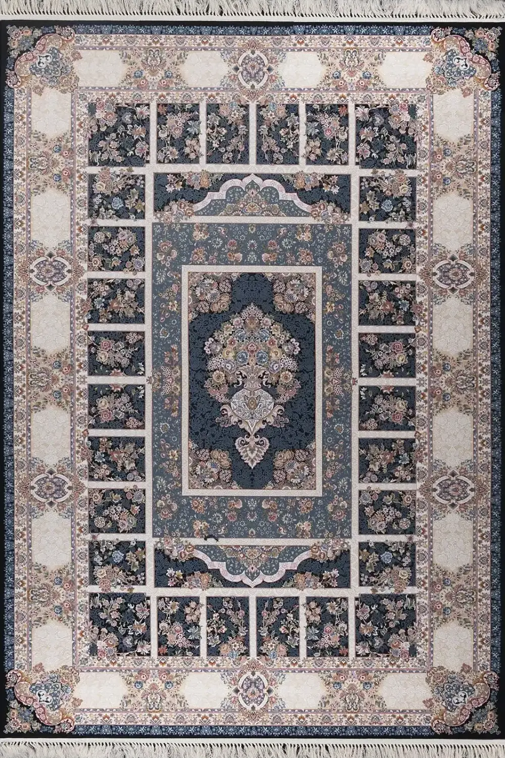 فرش بهشتی 1200 شانه کلکسیون تبریز کد 1481 زمینه سورمه ای (برجسته)