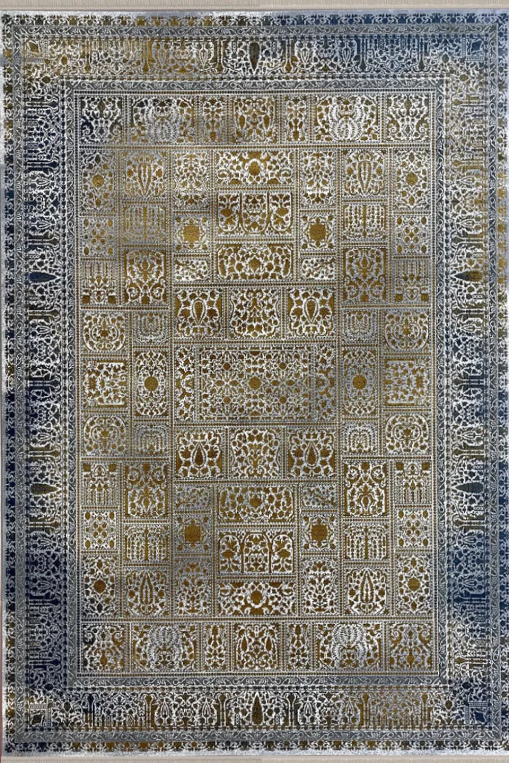 فرش مهدیان 700 شانه کلکسیون دینارسو کد 70041 زمینه سورمه ای-طلایی (برجسته)