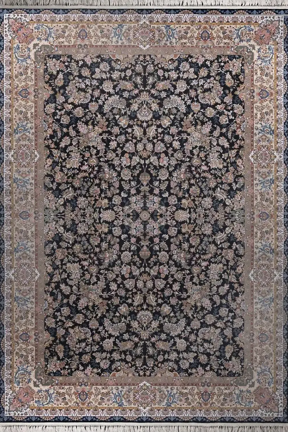 فرش بهشتی 1200 شانه کلکسیون تبریز کد 1281 زمینه سورمه ای (برجسته)