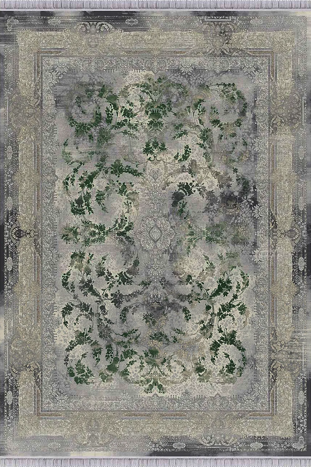 فرش مهدیان 1500 شانه کلکسیون حریر و طلاکوب طرح لونا زمینه سبز (برجسته)