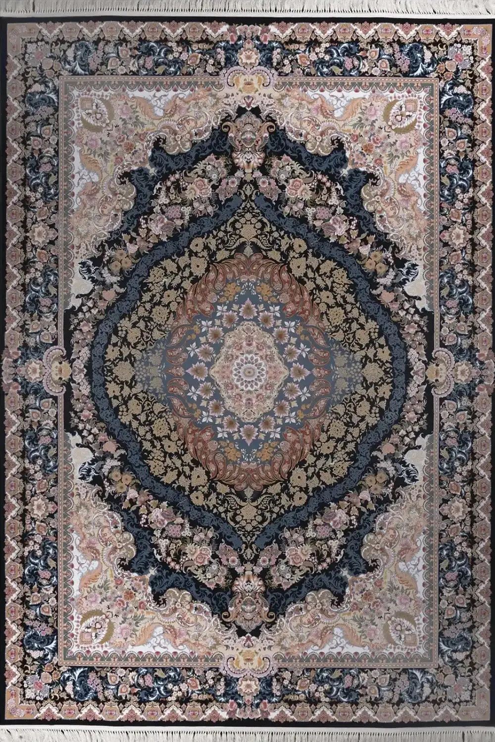 فرش بهشتی 1200 شانه کلکسیون تبریز کد 1181 زمینه مشکی (برجسته)