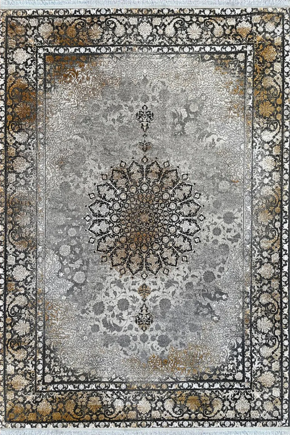 فرش مهدیان 700 شانه کلکسیون دینارسو کد 70037 زمینه دودی-طلایی (برجسته)