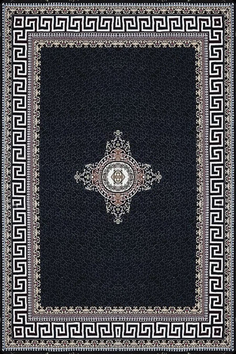 فرش ماشینی بافت رخ 440 شانه طرح ورساچه زمینه مشکی (غیربرجسته)