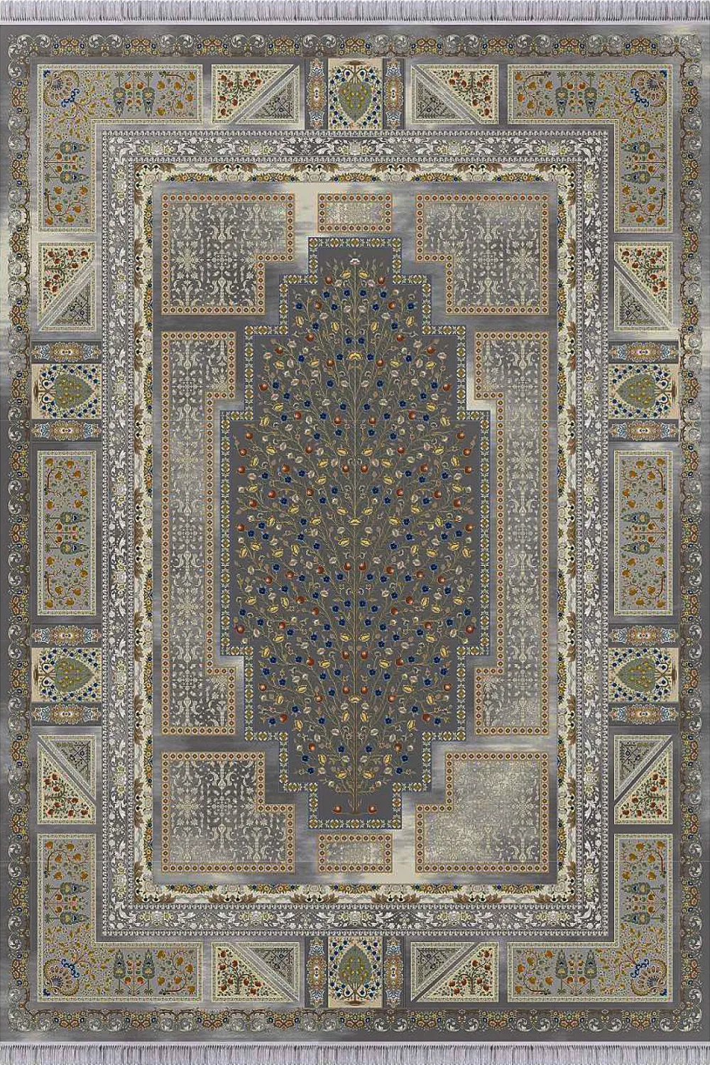 فرش مهدیان 1500 شانه کلکسیون حریر و طلاکوب طرح درخت مجنون زمینه فیلی (برجسته)