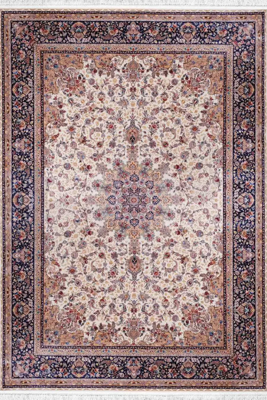 فرش بهشتی 1200 شانه ابریشمی کلکسیون ماهور کد 5561 زمینه کرم (برجسته)