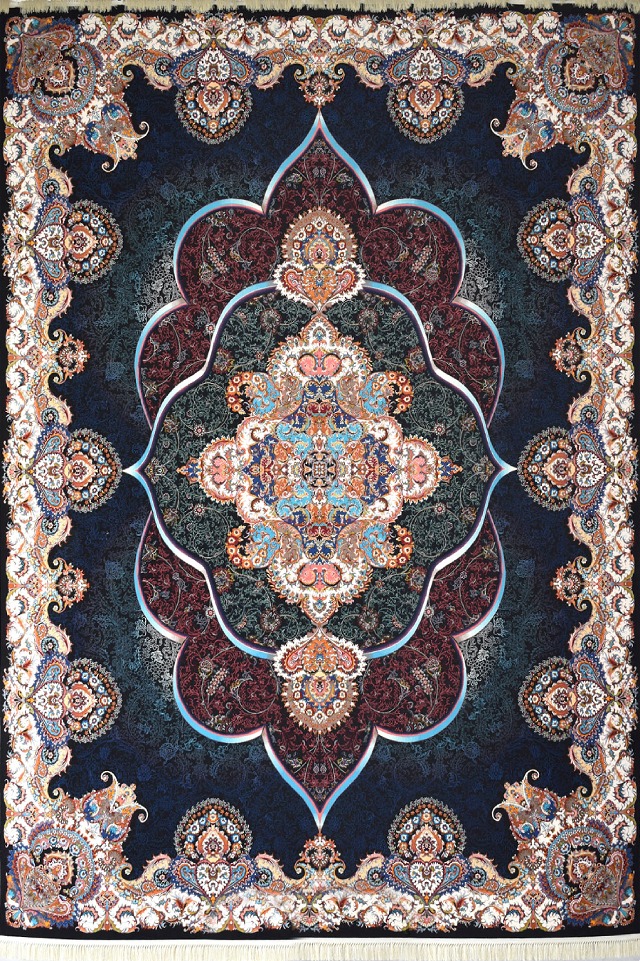 فرش کاشان 700 شانه طرح پانیذ زمینه سورمه ای (غیربرجسته)