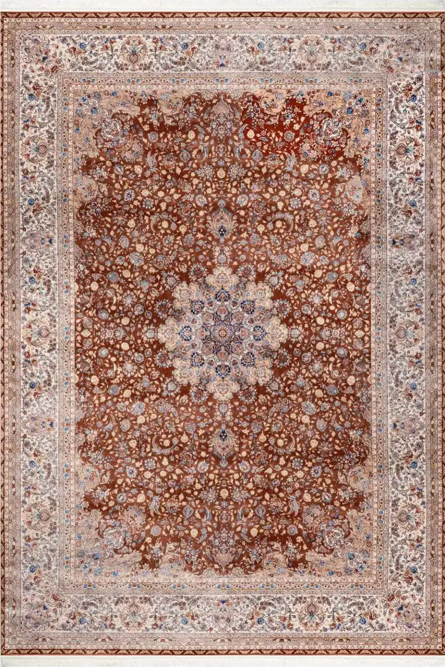 فرش بهشتی 1200 شانه ابریشمی کلکسیون ماهور کد 5566 زمینه قهوه ای (برجسته)