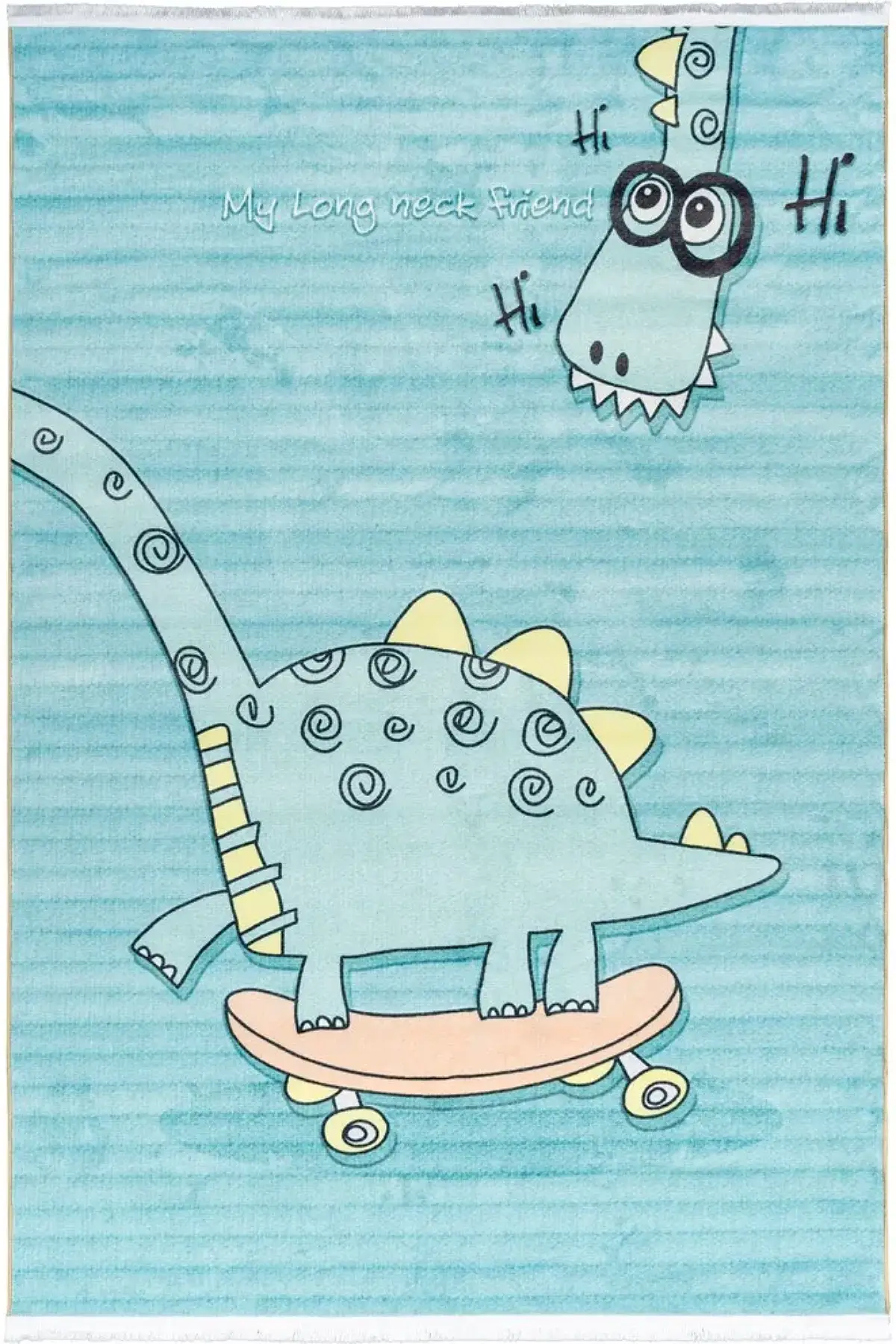 فرش محتشم اتاق کودک طرح دایناسور کد 25KM0020 زمینه فیروزه ای (غیربرجسته)