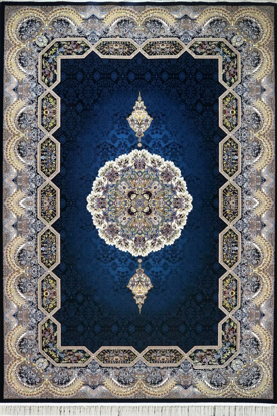 فرش کاشان 700 شانه طرح هالیدی زمینه سورمه ای (غیربرجسته)