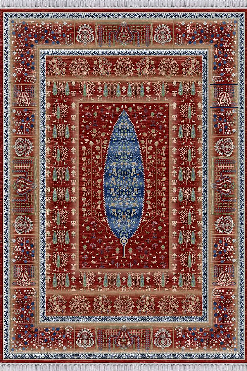 فرش مهدیان 1500 شانه کلکسیون حریر و طلاکوب طرح درخت زندگی زمینه لاکی (برجسته)