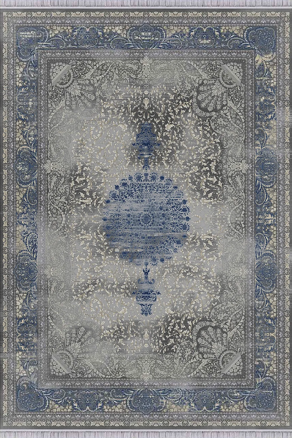 فرش مهدیان 1500 شانه کلکسیون حریر و طلاکوب طرح جورجینا زمینه آبی (برجسته)