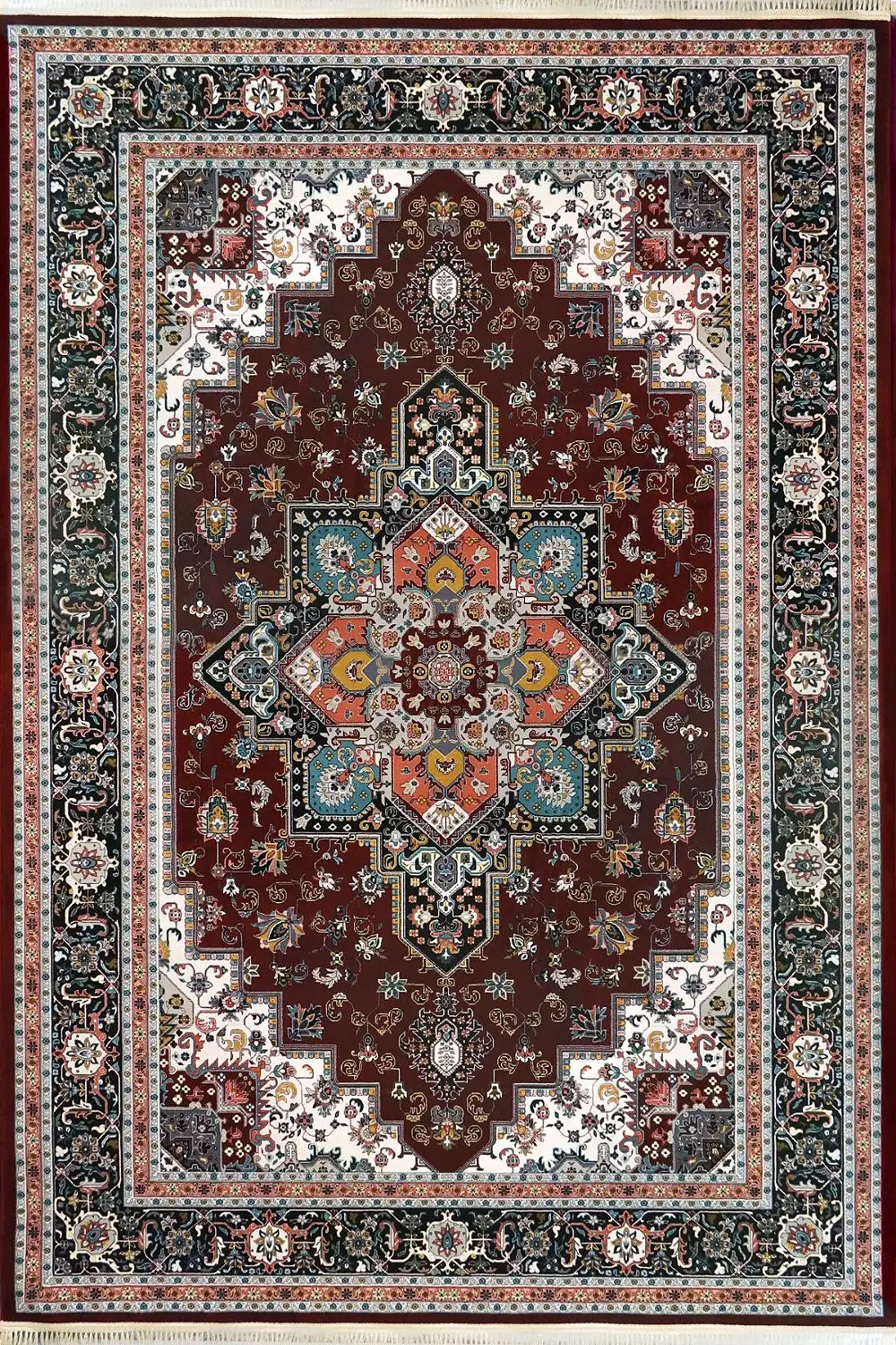 فرش کاشان 700 شانه طرح هریس زمینه لاکی (غیربرجسته)