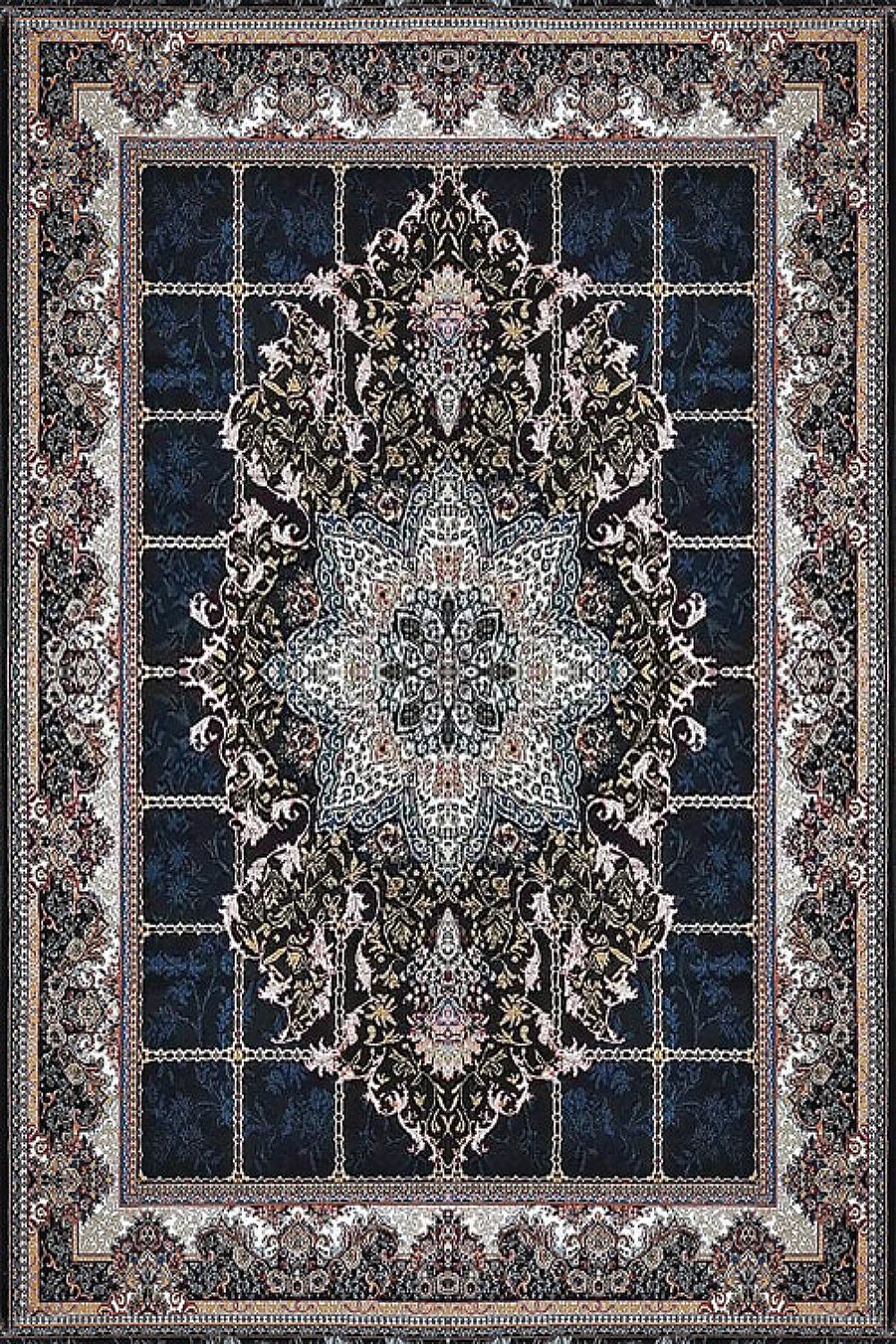 فرش کاشان 500 شانه طرح هیوا زمینه مشکی (غیربرجسته)