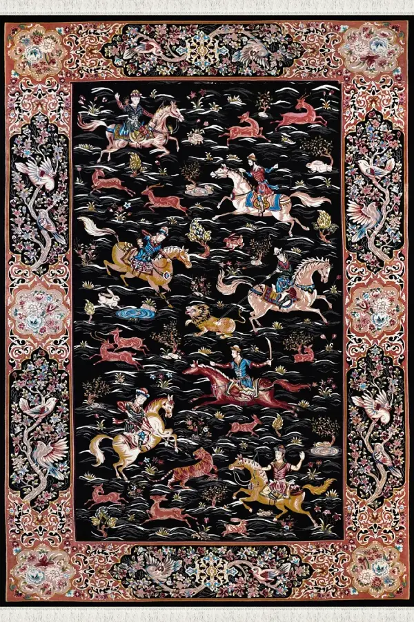 فرش بهشتی تبریز 1500 شانه کلکسیون شاهان کد 1527 زمینه مشکی (برجسته)