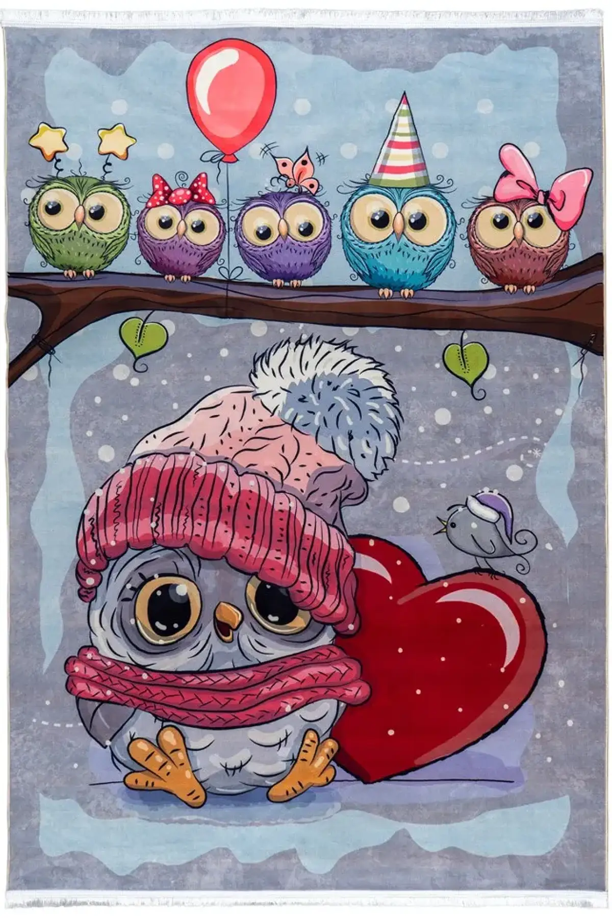 فرش محتشم اتاق کودک طرح جغدهای فانتزی کد 101205 زمینه تمام رنگ (غیربرجسته)