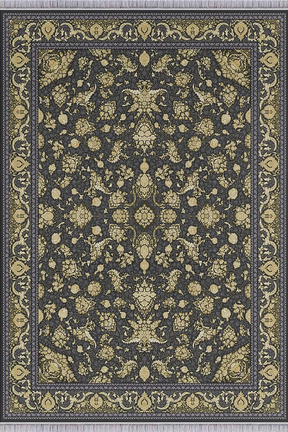 فرش مهدیان 1500 شانه کلکسیون حریر و طلاکوب طرح کارن زمینه سربی (برجسته)