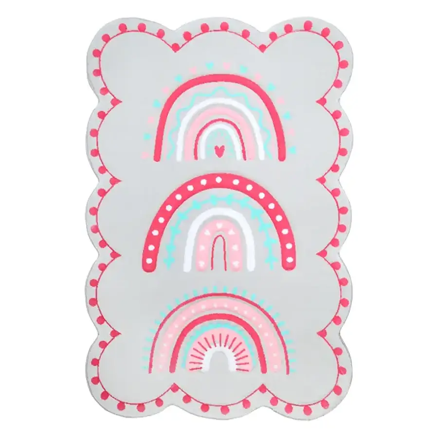 فرش زرباف سه بعدی پرزبلند طرح رنگین کمان زمینه صورتی (شگی)